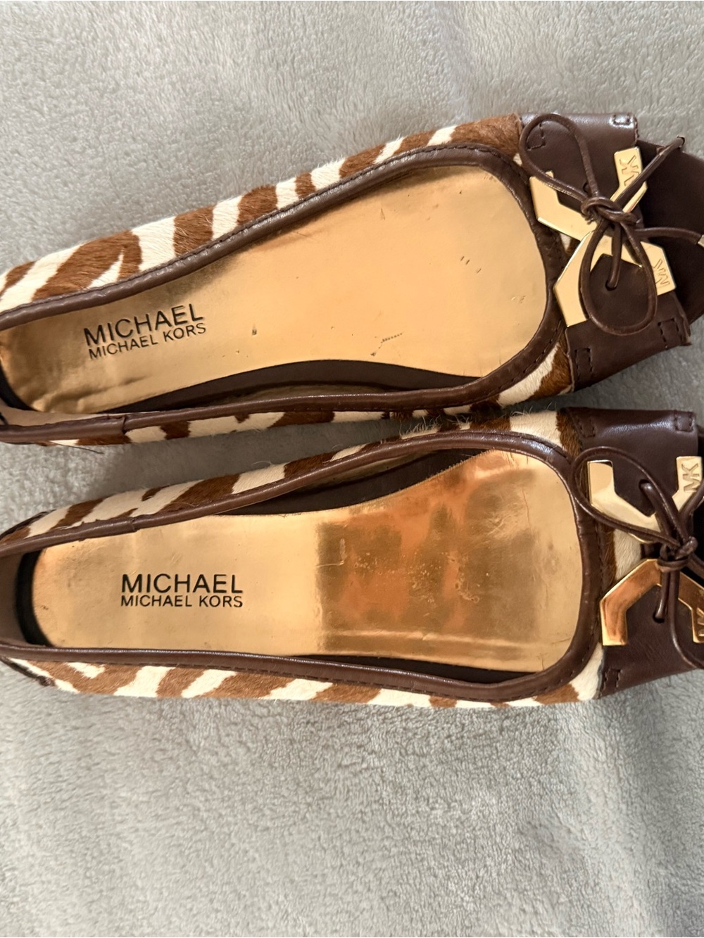 Michael Kors Brown & White Zebra-Print Leather Ballet Flats with Gold Accents